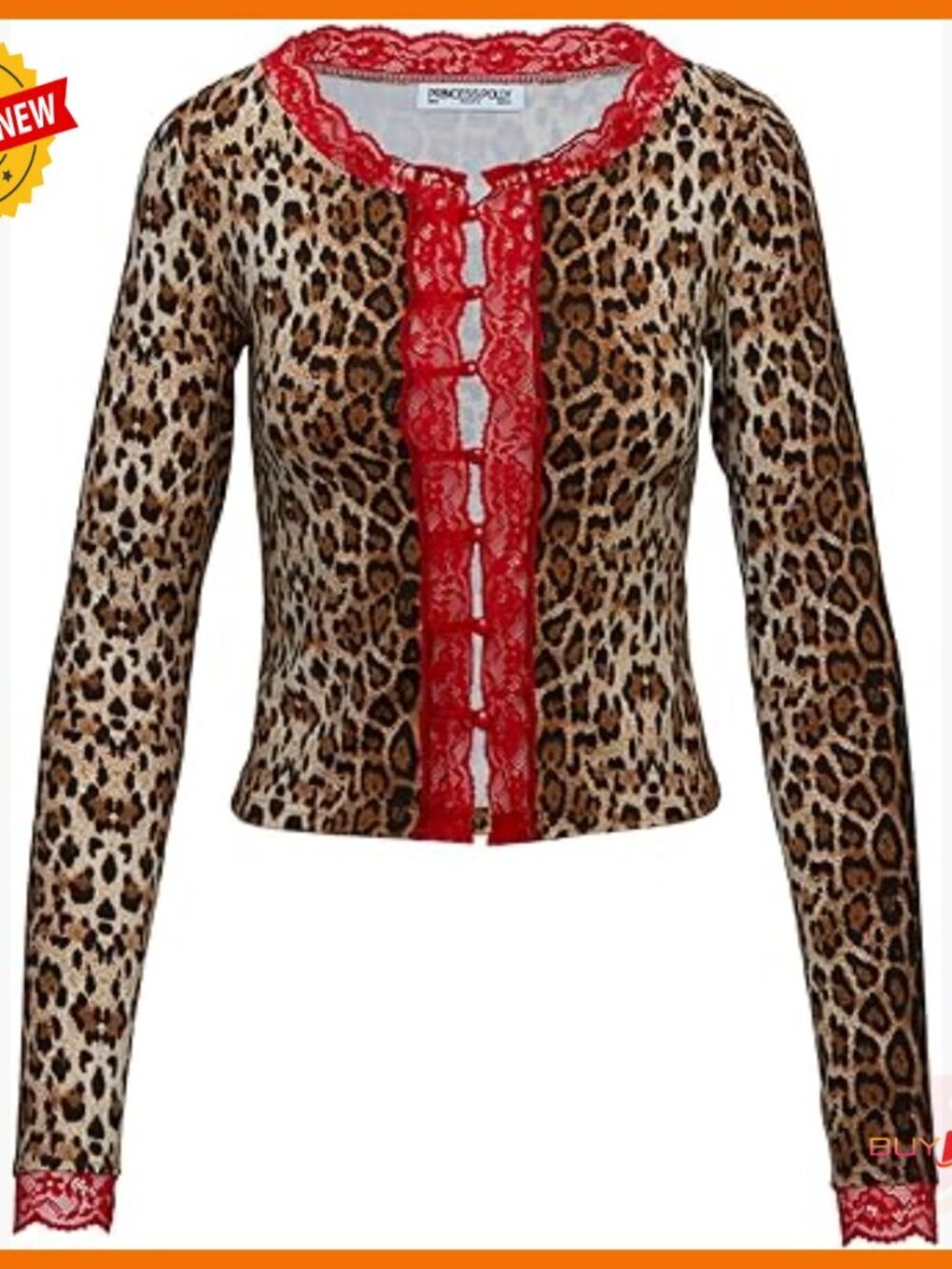 Long Sleeve Crop Top with Button Detail, Boat Neck, Leopard Print